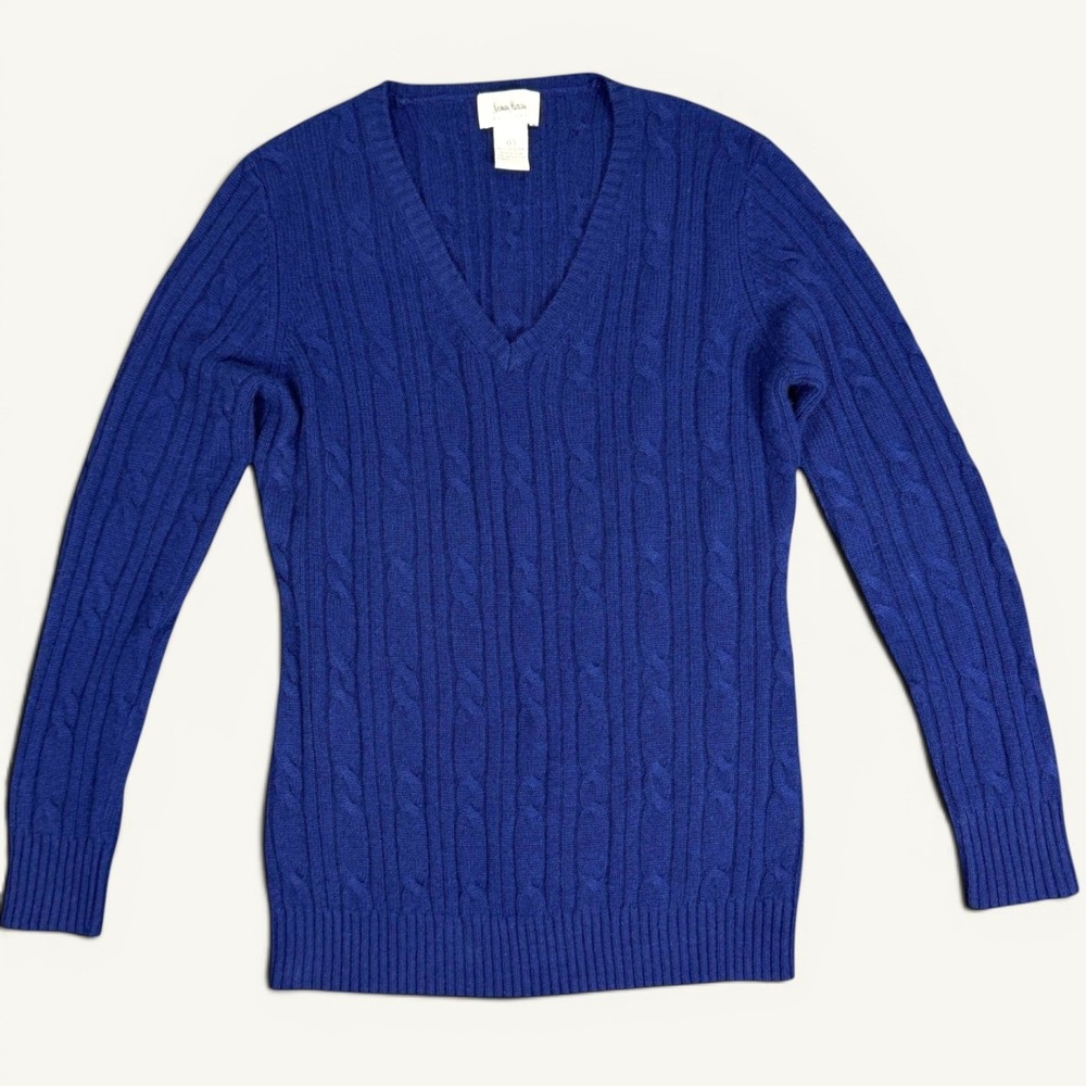 Neiman Marcus 100% Cashmere Cable Knit V-Neck Sweater Large Quiet Luxury Preppy